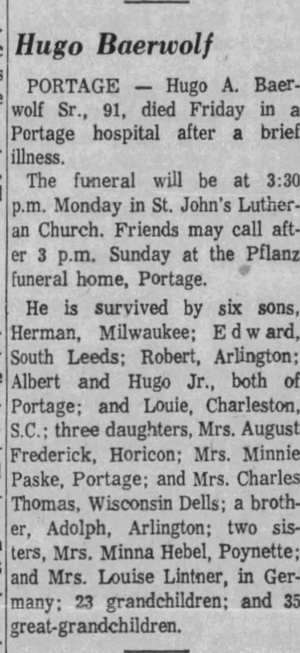Obituary for Hugo A. Baerwolf (Aged 91)
